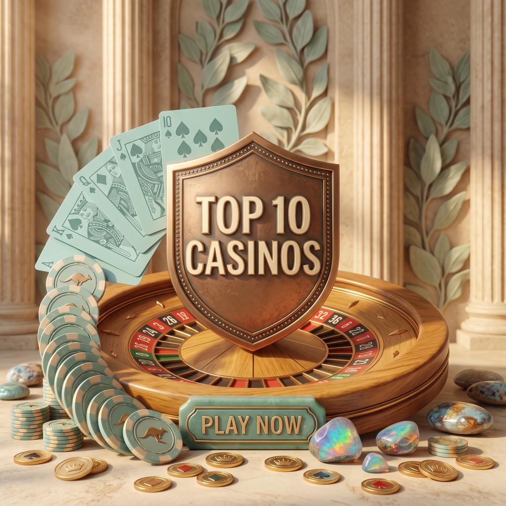 Top 10 Casinos illustration with bronze shield, roulette wheel, teal cards and kangaroo casino chips